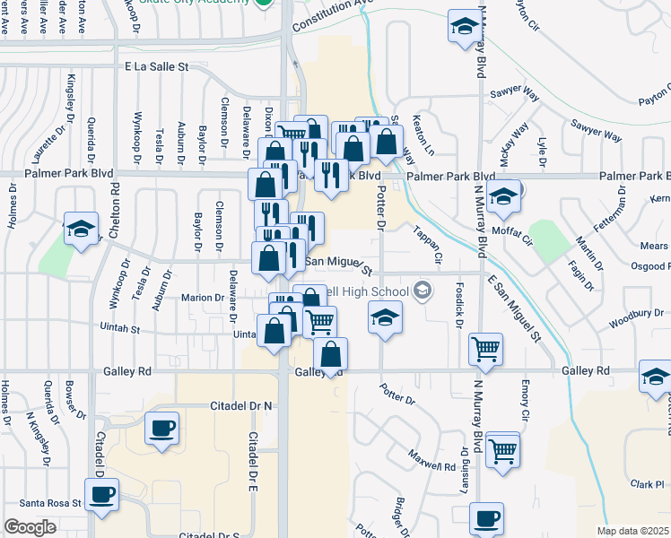 map of restaurants, bars, coffee shops, grocery stores, and more near 3912 East San Miguel Street in Colorado Springs