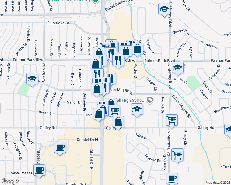 map of restaurants, bars, coffee shops, grocery stores, and more near 3912 East San Miguel Street in Colorado Springs