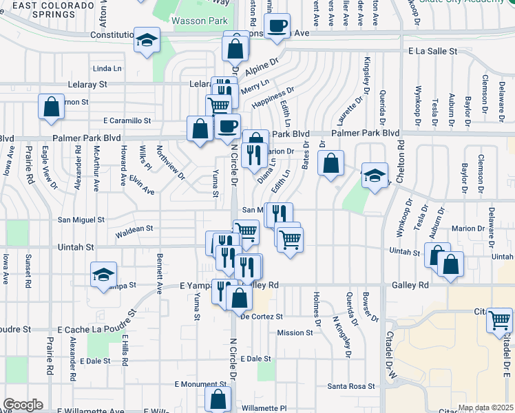 map of restaurants, bars, coffee shops, grocery stores, and more near in El Paso County