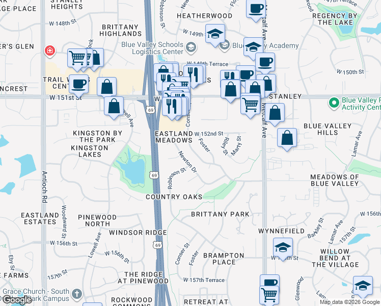 map of restaurants, bars, coffee shops, grocery stores, and more near 15271 Conser Street in Overland Park
