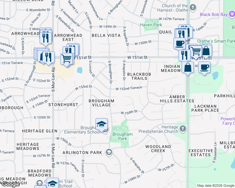 map of restaurants, bars, coffee shops, grocery stores, and more near 15916 West 152nd Terrace in Olathe