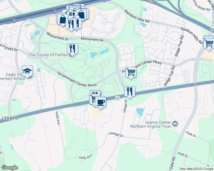 map of restaurants, bars, coffee shops, grocery stores, and more near 4457 Oakdale Crescent Court in Fairfax