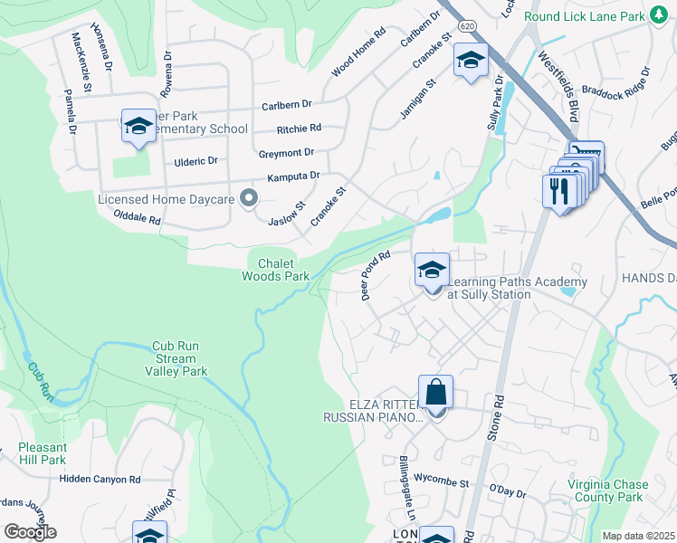 map of restaurants, bars, coffee shops, grocery stores, and more near 14898 Deer Pond Court in Centreville