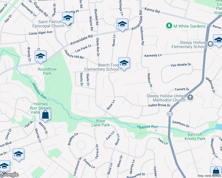 map of restaurants, bars, coffee shops, grocery stores, and more near 3410 Rose Lane in Falls Church