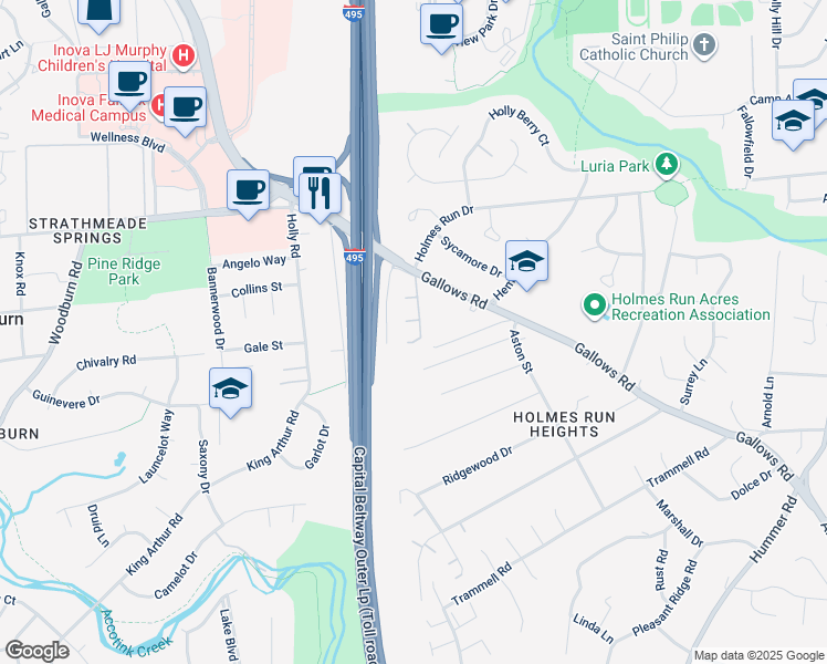 map of restaurants, bars, coffee shops, grocery stores, and more near 3401 Wheatwheel Lane in Annandale