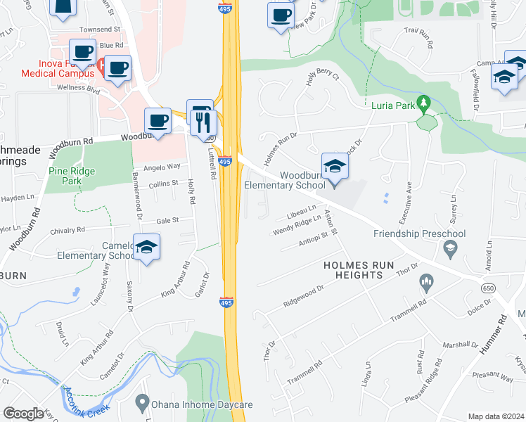 map of restaurants, bars, coffee shops, grocery stores, and more near 3401 Wheatwheel Lane in Annandale