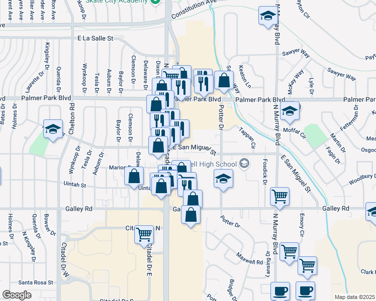 map of restaurants, bars, coffee shops, grocery stores, and more near 3912 East San Miguel Street in Colorado Springs