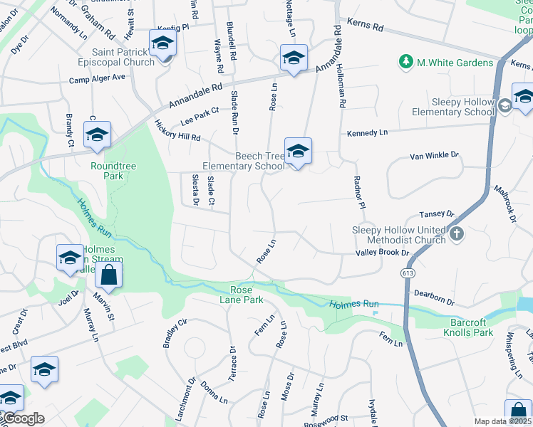 map of restaurants, bars, coffee shops, grocery stores, and more near 3410 Rose Lane in Falls Church