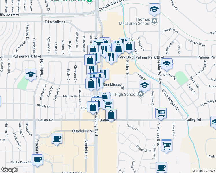 map of restaurants, bars, coffee shops, grocery stores, and more near 3912 East San Miguel Street in Colorado Springs