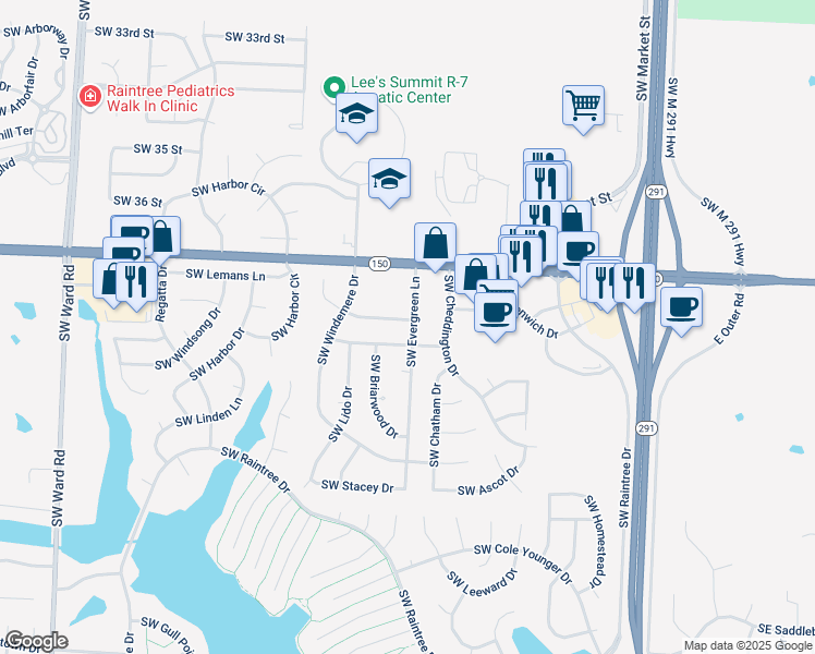 map of restaurants, bars, coffee shops, grocery stores, and more near 422 Southwest Windmill Lane in Lee's Summit