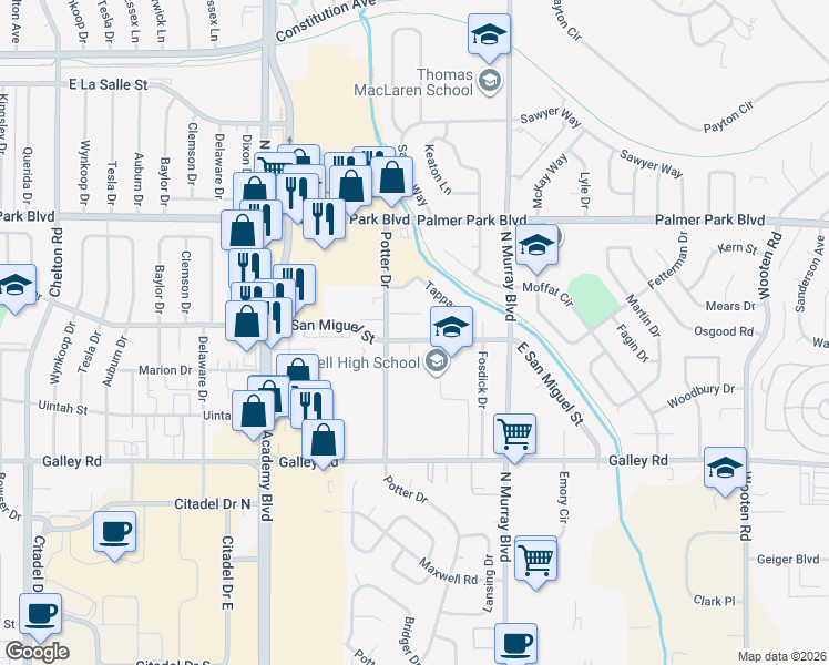map of restaurants, bars, coffee shops, grocery stores, and more near 4014 East San Miguel Street in Colorado Springs