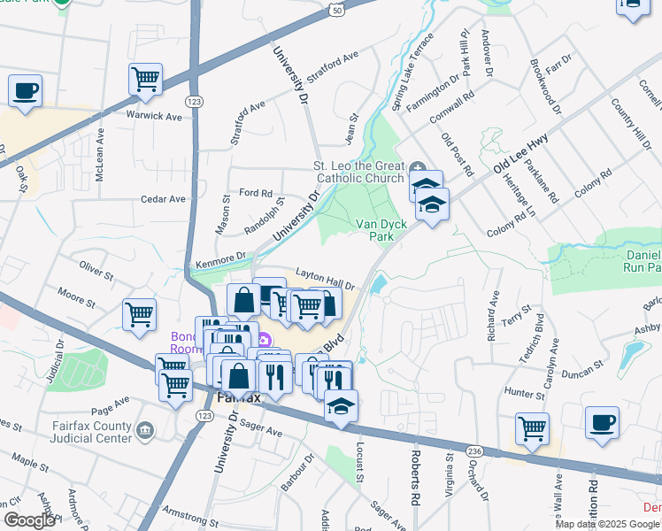 map of restaurants, bars, coffee shops, grocery stores, and more near 10326 Layton Hall Drive in Fairfax