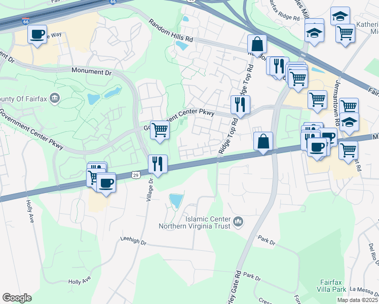 map of restaurants, bars, coffee shops, grocery stores, and more near 11623 Cavalier Landing Court in Fairfax