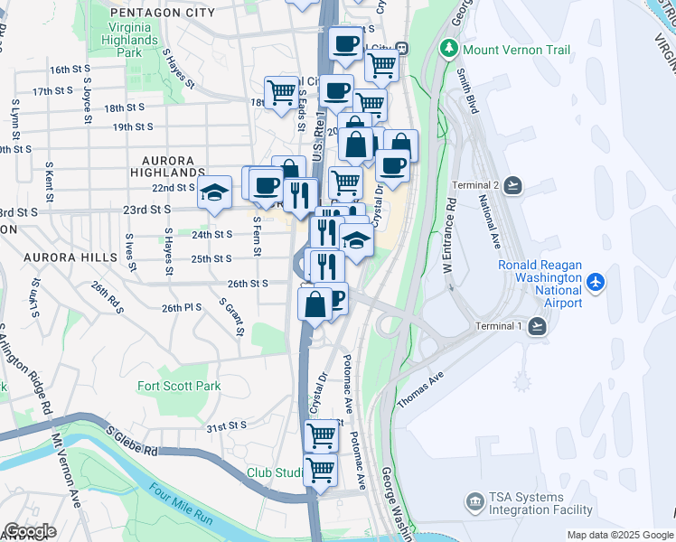map of restaurants, bars, coffee shops, grocery stores, and more near 2521 South Clark Street in Arlington