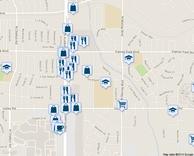 map of restaurants, bars, coffee shops, grocery stores, and more near 1315 Potter Drive in Colorado Springs