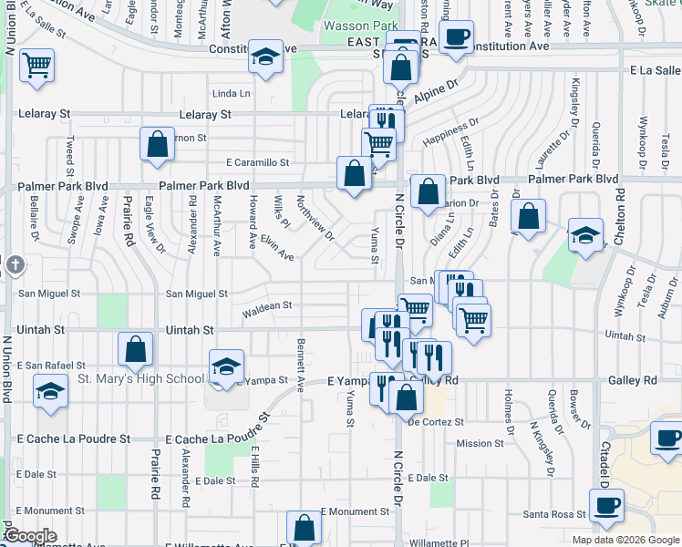 map of restaurants, bars, coffee shops, grocery stores, and more near 1314 Northview Drive in Colorado Springs