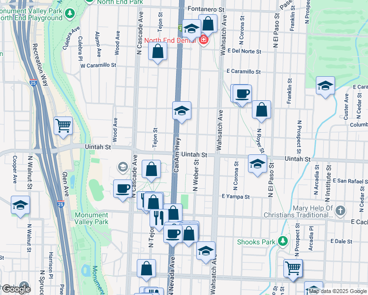 map of restaurants, bars, coffee shops, grocery stores, and more near 1231 North Nevada Avenue in Colorado Springs