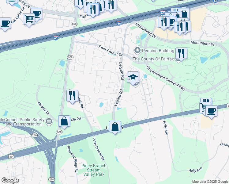 map of restaurants, bars, coffee shops, grocery stores, and more near 4593 Derring Lane in Fairfax