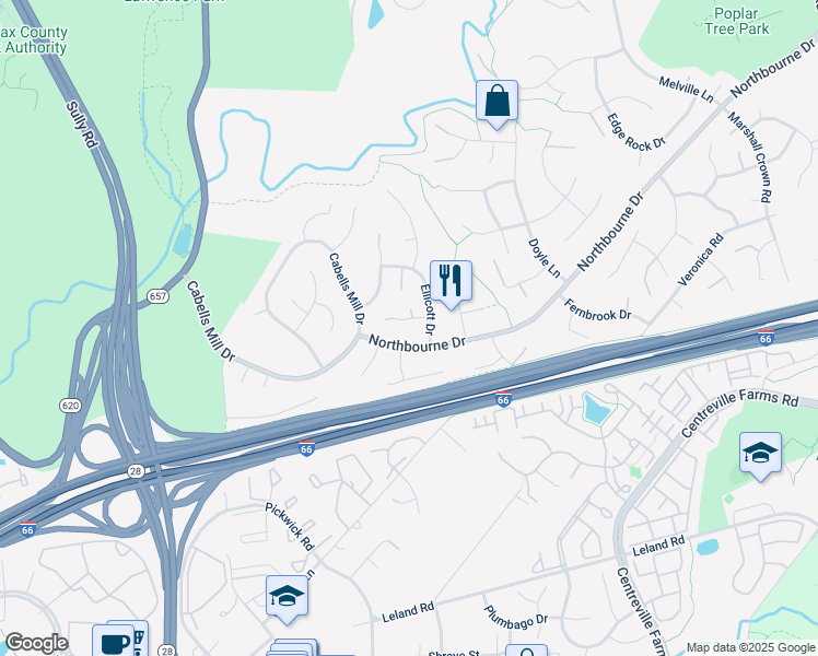 map of restaurants, bars, coffee shops, grocery stores, and more near 13713 Frankford Circle in Centreville
