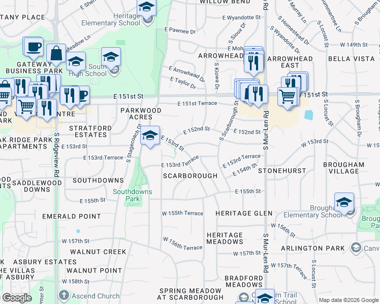 map of restaurants, bars, coffee shops, grocery stores, and more near 1814 East 152nd Terrace in Olathe
