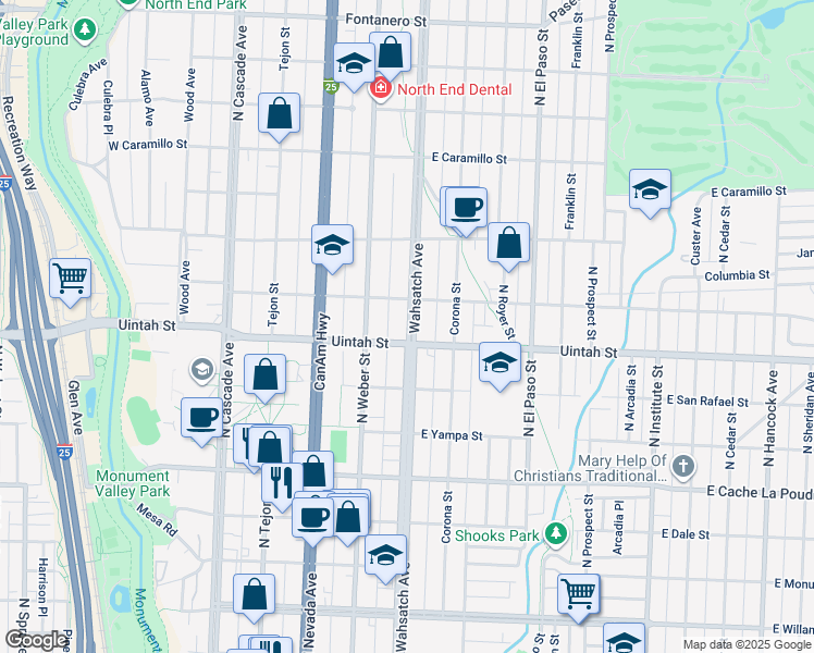 map of restaurants, bars, coffee shops, grocery stores, and more near 1214 North Wahsatch Avenue in Colorado Springs