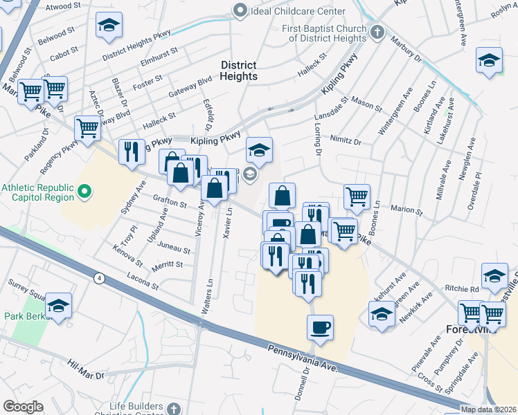 map of restaurants, bars, coffee shops, grocery stores, and more near 6910 Marlboro Pike in District Heights