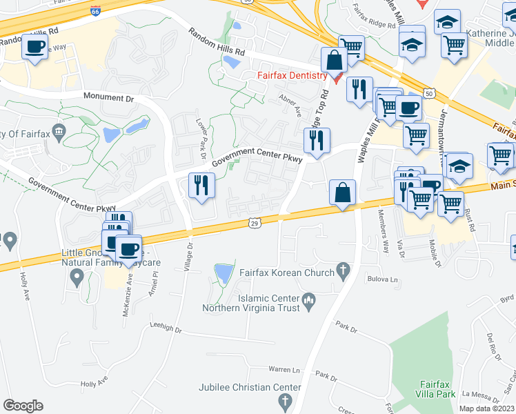 map of restaurants, bars, coffee shops, grocery stores, and more near 11506 Sperrin Circle in Fairfax