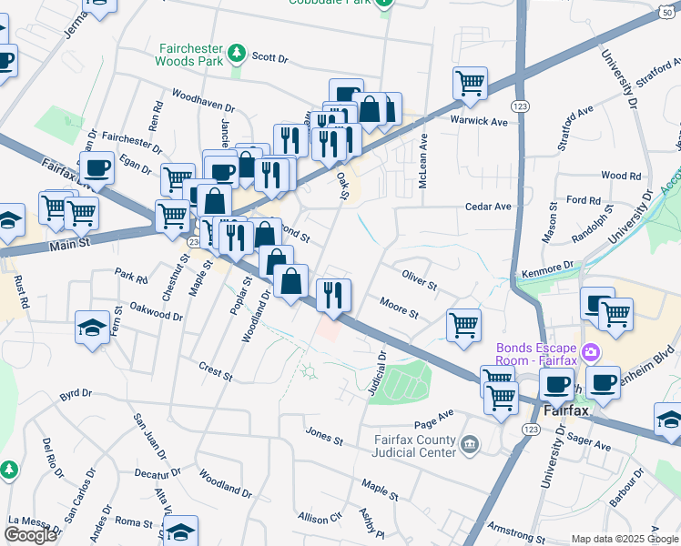 map of restaurants, bars, coffee shops, grocery stores, and more near 10713 Viognier Terrace in Fairfax