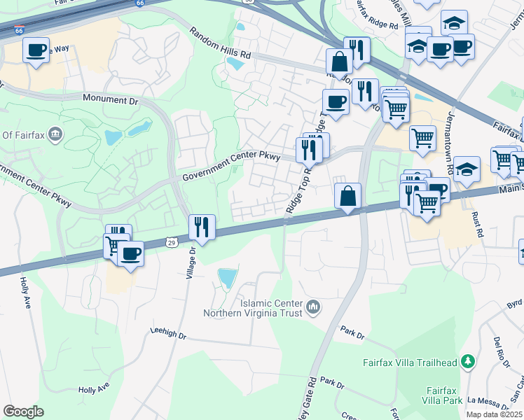 map of restaurants, bars, coffee shops, grocery stores, and more near 11506 Sperrin Circle in Fairfax