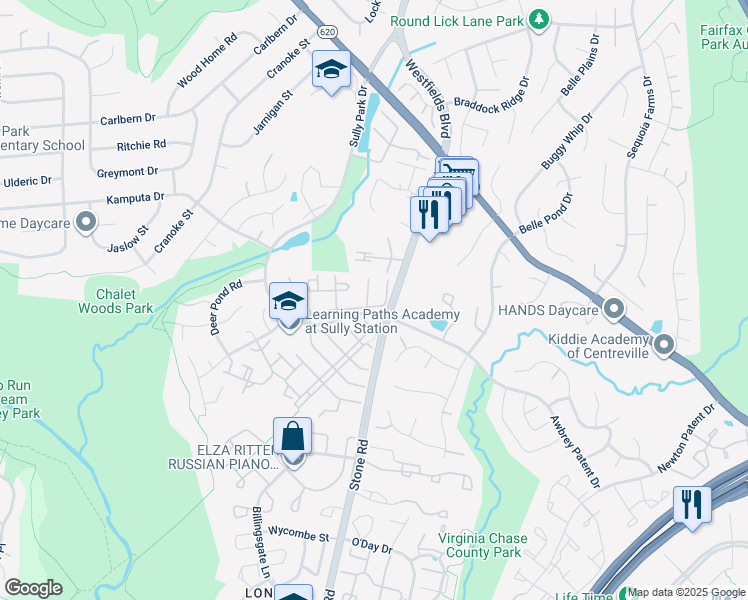 map of restaurants, bars, coffee shops, grocery stores, and more near 14588 Croatan Drive in Centreville
