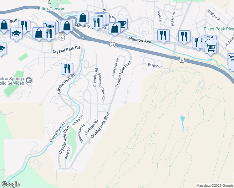 map of restaurants, bars, coffee shops, grocery stores, and more near 208 Crystal Hills Boulevard in Manitou Springs