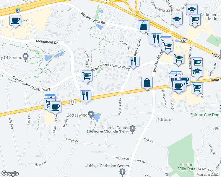 map of restaurants, bars, coffee shops, grocery stores, and more near 11506 Sperrin Circle in Fairfax