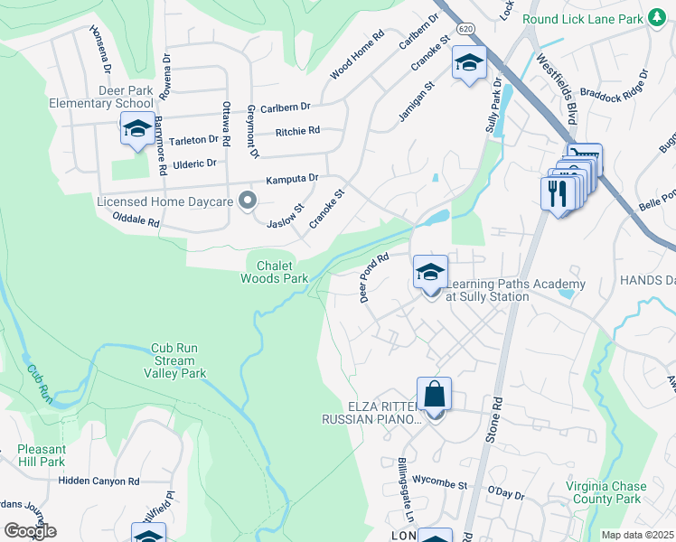 map of restaurants, bars, coffee shops, grocery stores, and more near 14810 Deer Pond Court in Centreville