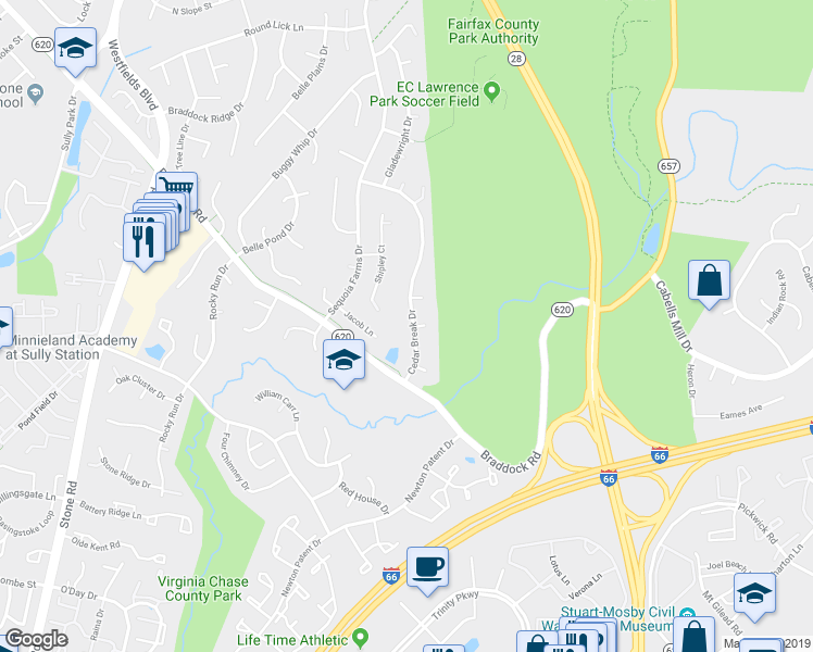 map of restaurants, bars, coffee shops, grocery stores, and more near 5586 Cedar Break Drive in Centreville