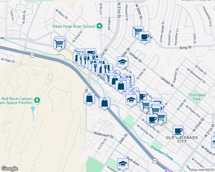 map of restaurants, bars, coffee shops, grocery stores, and more near 2922 Colorado Avenue in Colorado Springs