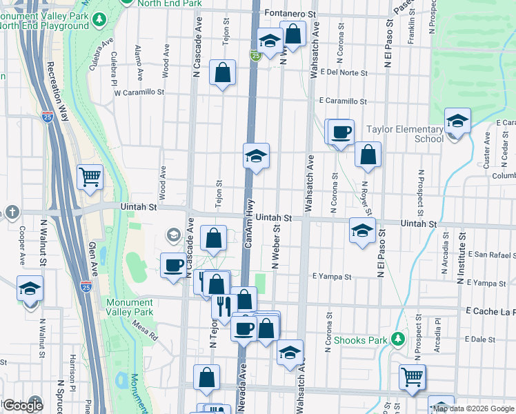 map of restaurants, bars, coffee shops, grocery stores, and more near 1231 North Nevada Avenue in Colorado Springs