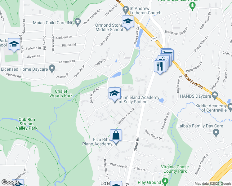 map of restaurants, bars, coffee shops, grocery stores, and more near 5723 Wood Creek Lane in Centreville