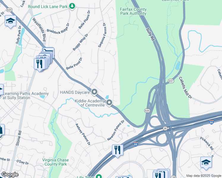 map of restaurants, bars, coffee shops, grocery stores, and more near 5586 Cedar Break Drive in Centreville