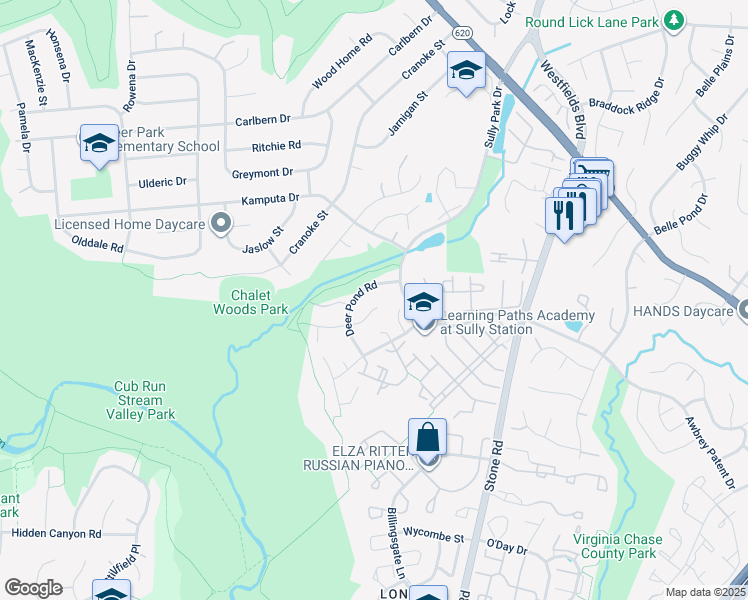 map of restaurants, bars, coffee shops, grocery stores, and more near 5804 Cub Stream Drive in Centreville