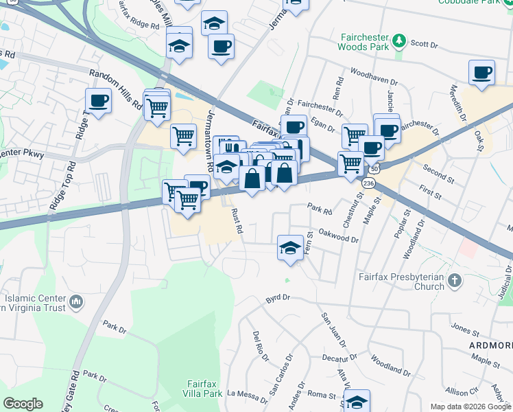map of restaurants, bars, coffee shops, grocery stores, and more near 11151 Lee Highway in Fairfax