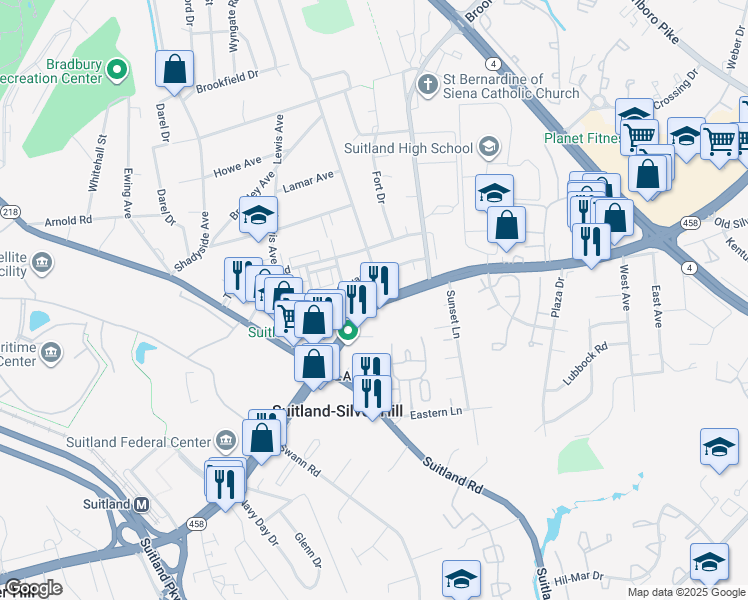map of restaurants, bars, coffee shops, grocery stores, and more near 4666 Suitland Road in Hillcrest Heights
