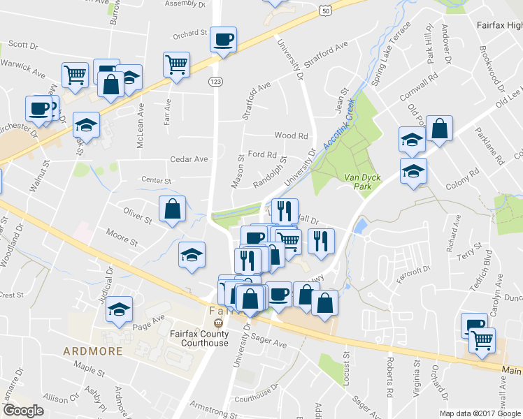 map of restaurants, bars, coffee shops, grocery stores, and more near University Drive & Layton Hall Drive in Fairfax