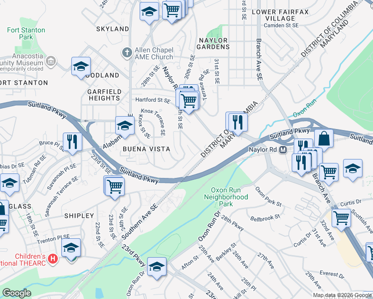 map of restaurants, bars, coffee shops, grocery stores, and more near 3134 Buena Vista Terrace Southeast in Washington