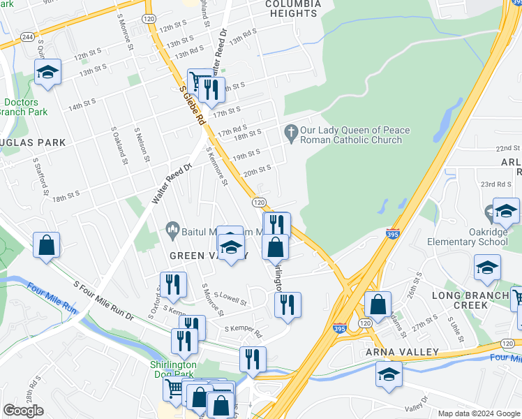 map of restaurants, bars, coffee shops, grocery stores, and more near 2050 South Glebe Road in Arlington