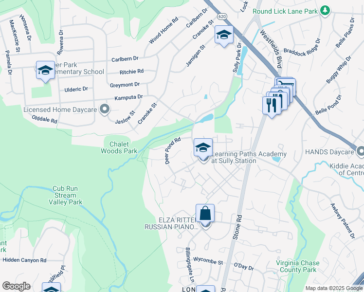 map of restaurants, bars, coffee shops, grocery stores, and more near 5802 Cub Stream Drive in Centreville