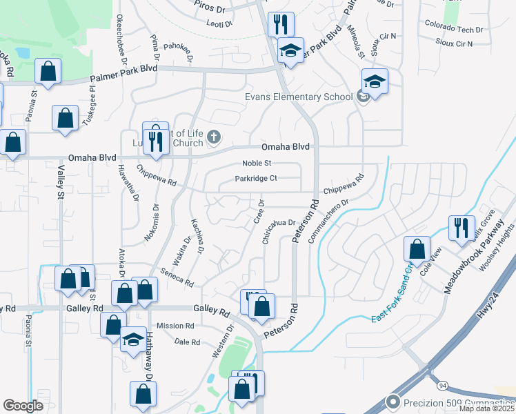 map of restaurants, bars, coffee shops, grocery stores, and more near 1363 Soaring Eagle Drive in Colorado Springs
