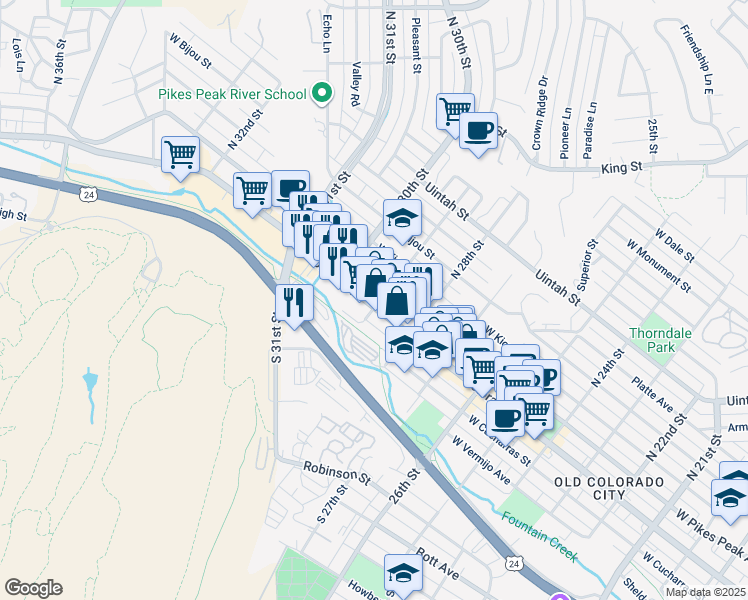 map of restaurants, bars, coffee shops, grocery stores, and more near 2903 West Pikes Peak Avenue in Colorado Springs