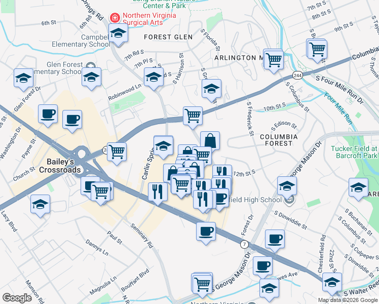 map of restaurants, bars, coffee shops, grocery stores, and more near 3440 South Jefferson Street in Falls Church