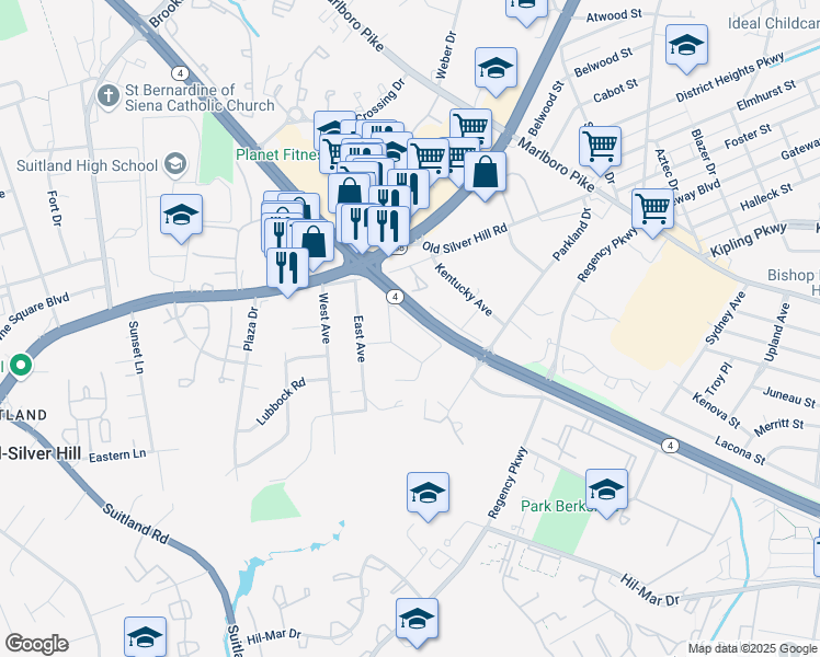 map of restaurants, bars, coffee shops, grocery stores, and more near 5705 Rupert Avenue in District Heights