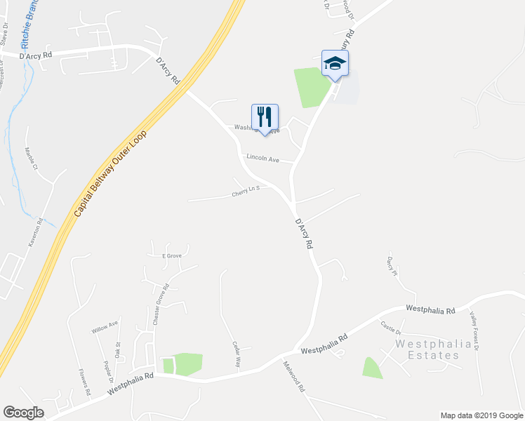 map of restaurants, bars, coffee shops, grocery stores, and more near 9235 D'Arcy Road in Upper Marlboro